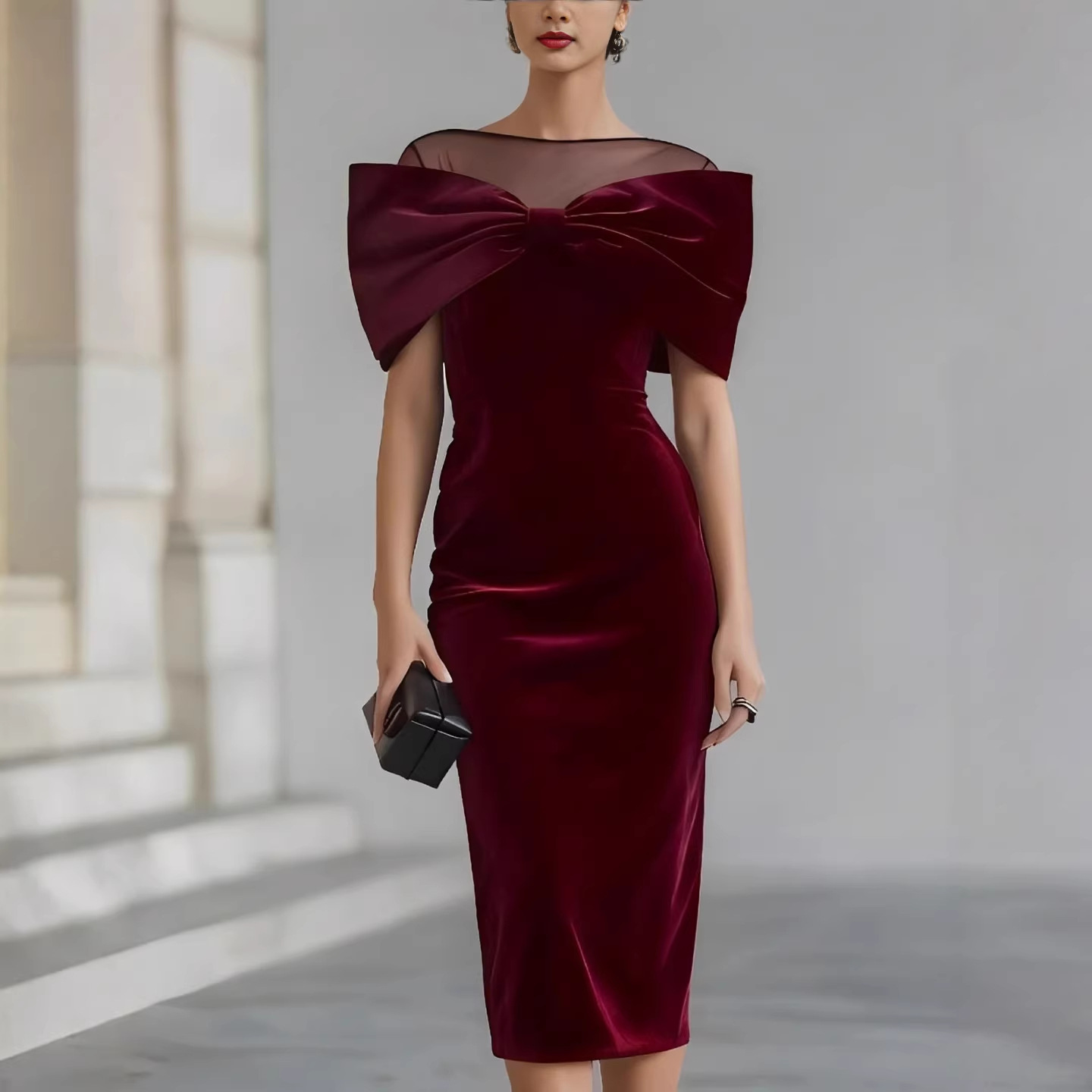 Off-Shoulder Gold Velvet Bodycon Midi Dress