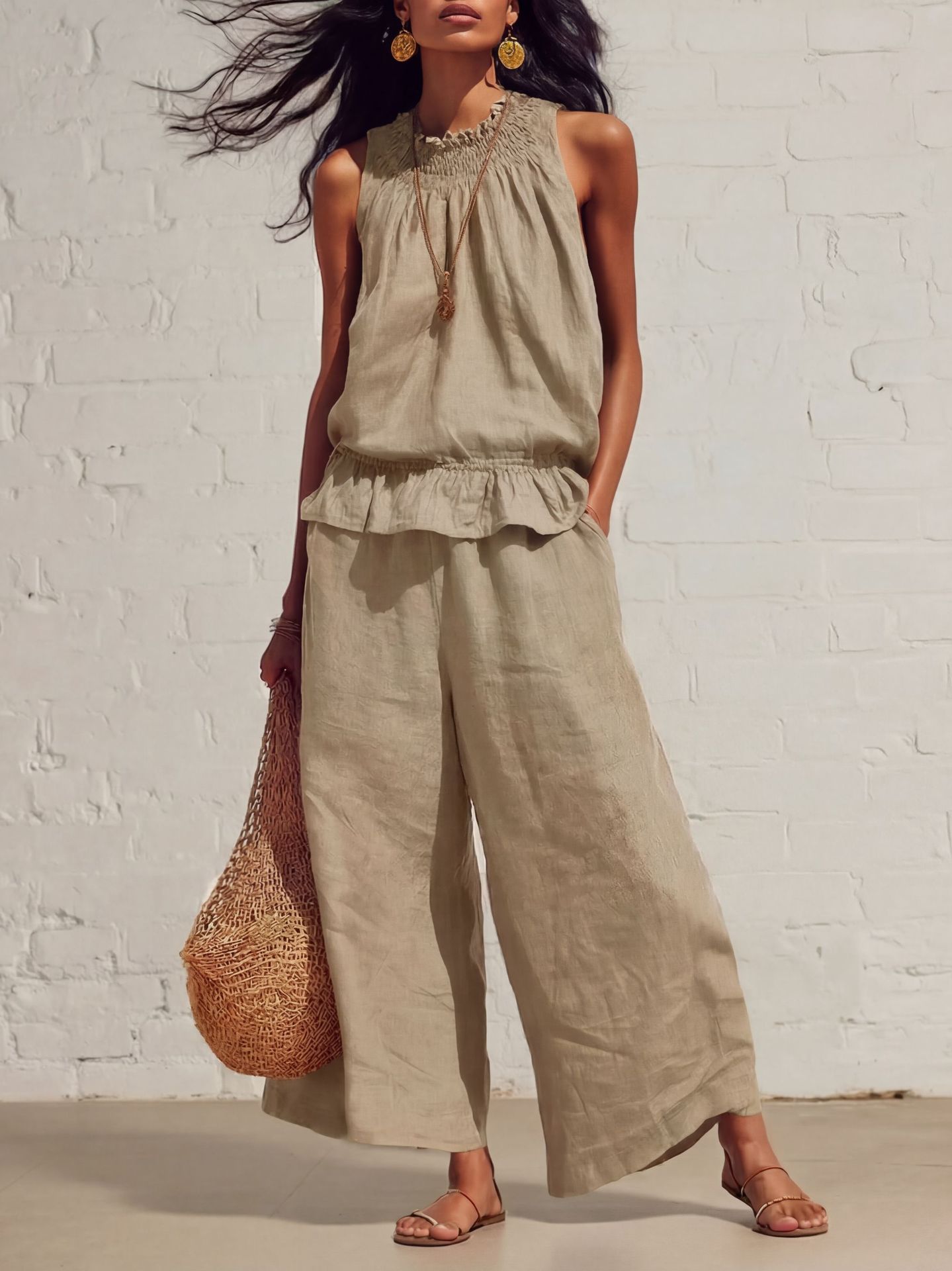 Women's Boho Ruffle Two-Piece Set Sleeveless Vest and Shorts