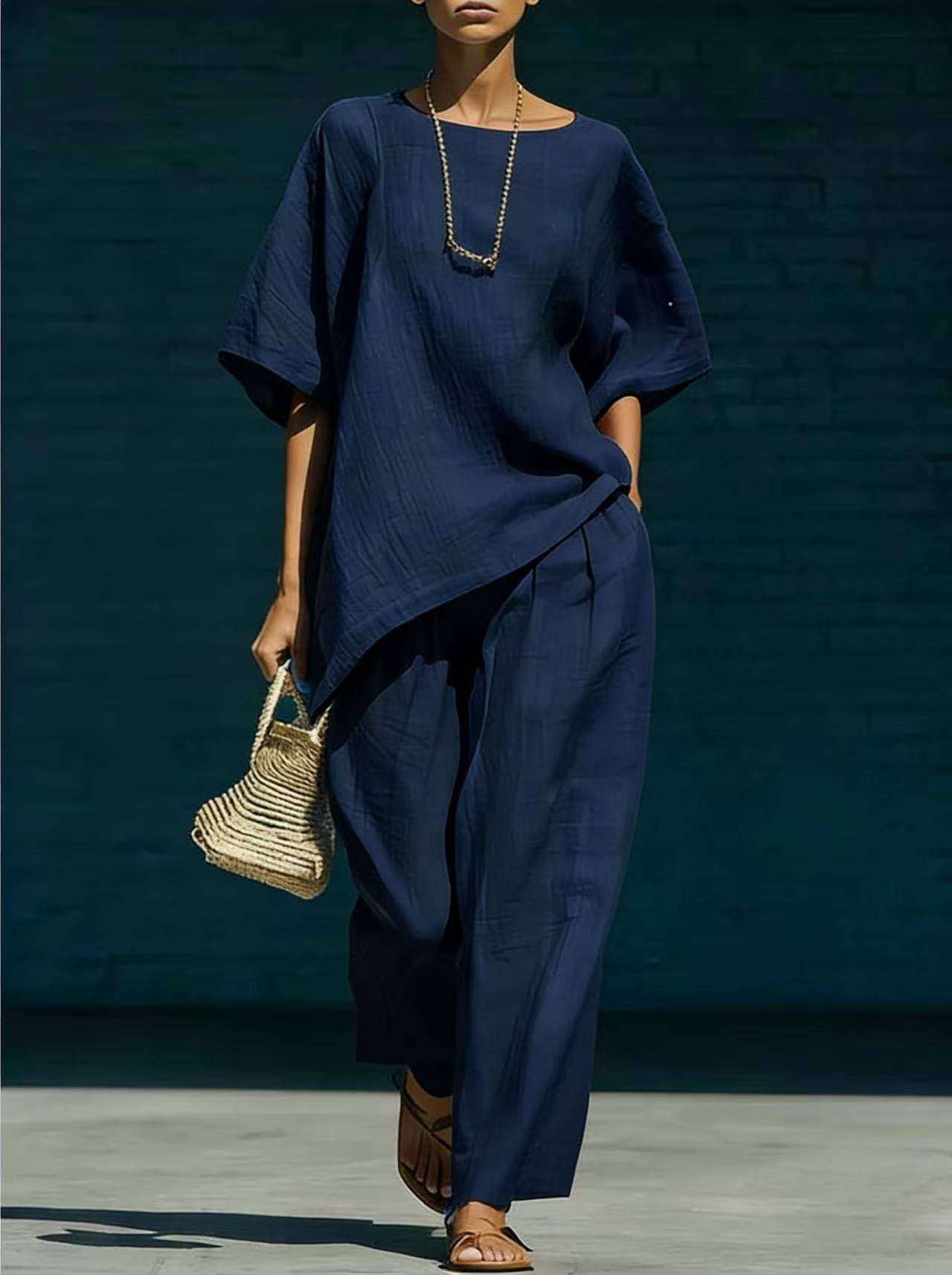 Women's Cotton-Linen Crew Neck Two-Piece Set Casual Urban Outfit