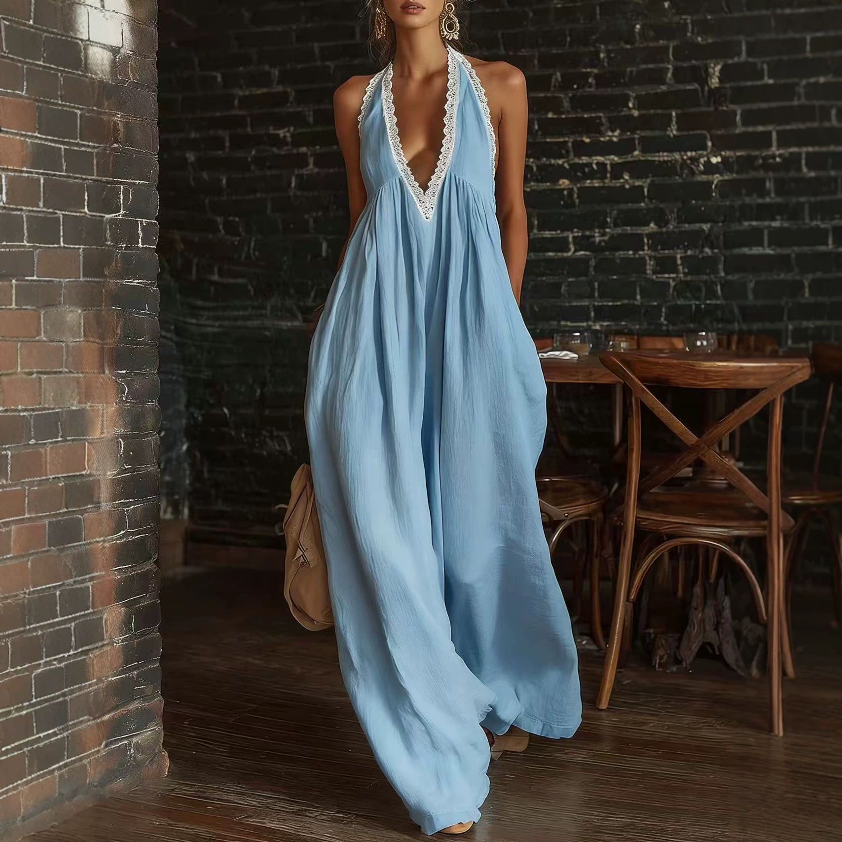 Women's Lace Trim Loose Linen Jumpsuit Casual Elegant Sleeveless