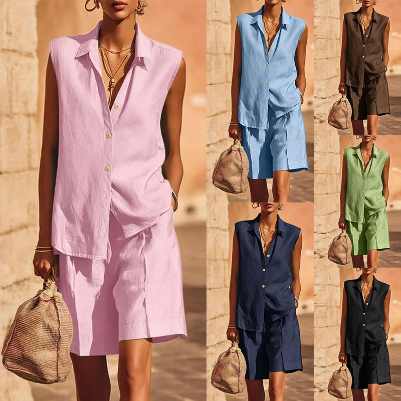 Women's Solid Color Button-Front Collared Shirt & Shorts Set