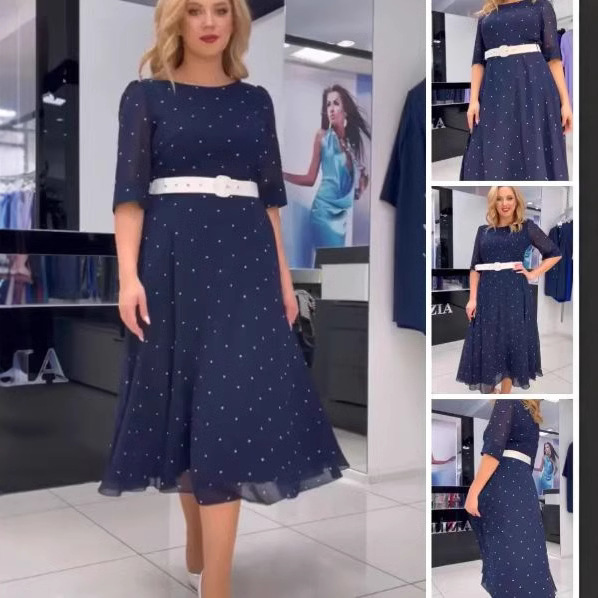 Women's Long Sleeve Polka Dot Print A-Line Dress with Adjustable Waist