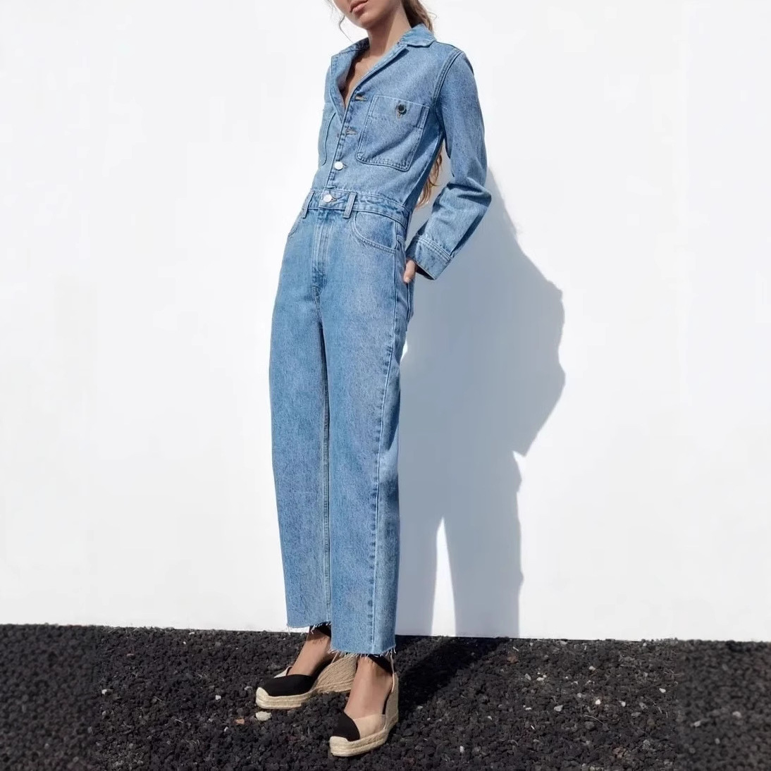 Women's Denim Jumpsuit with Blazer Collar and Waist Belt