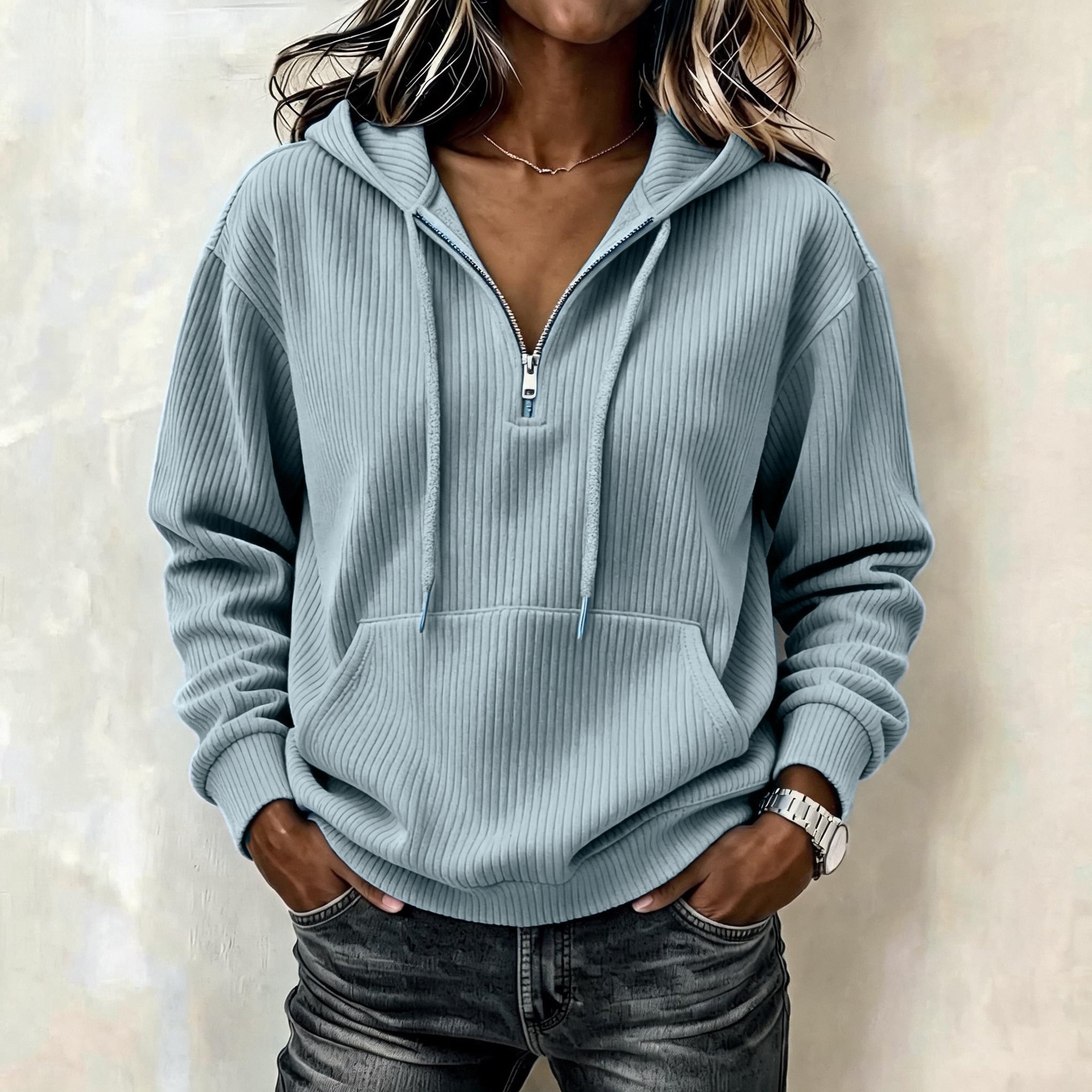 Corduroy Striped Hoodie Vintage Casual Long Sleeve