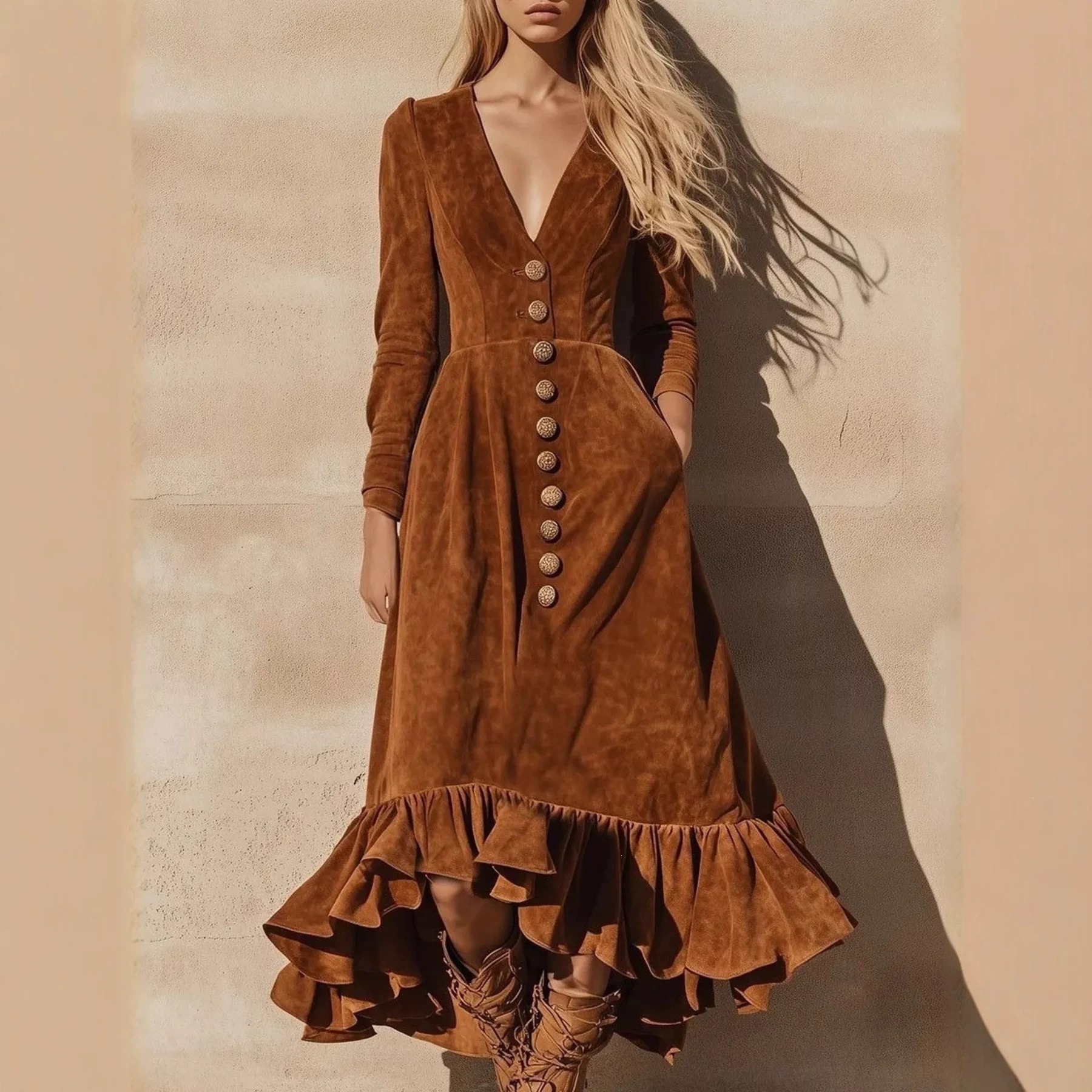 Western Vintage Velvet V-Neck Buttoned Waist Ruffle Maxi Dress