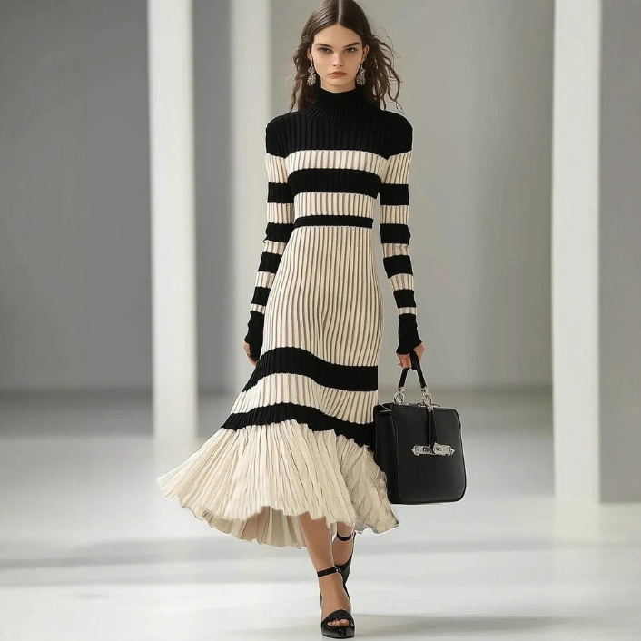 Black and White Striped Knit Turtleneck Midi Dress
