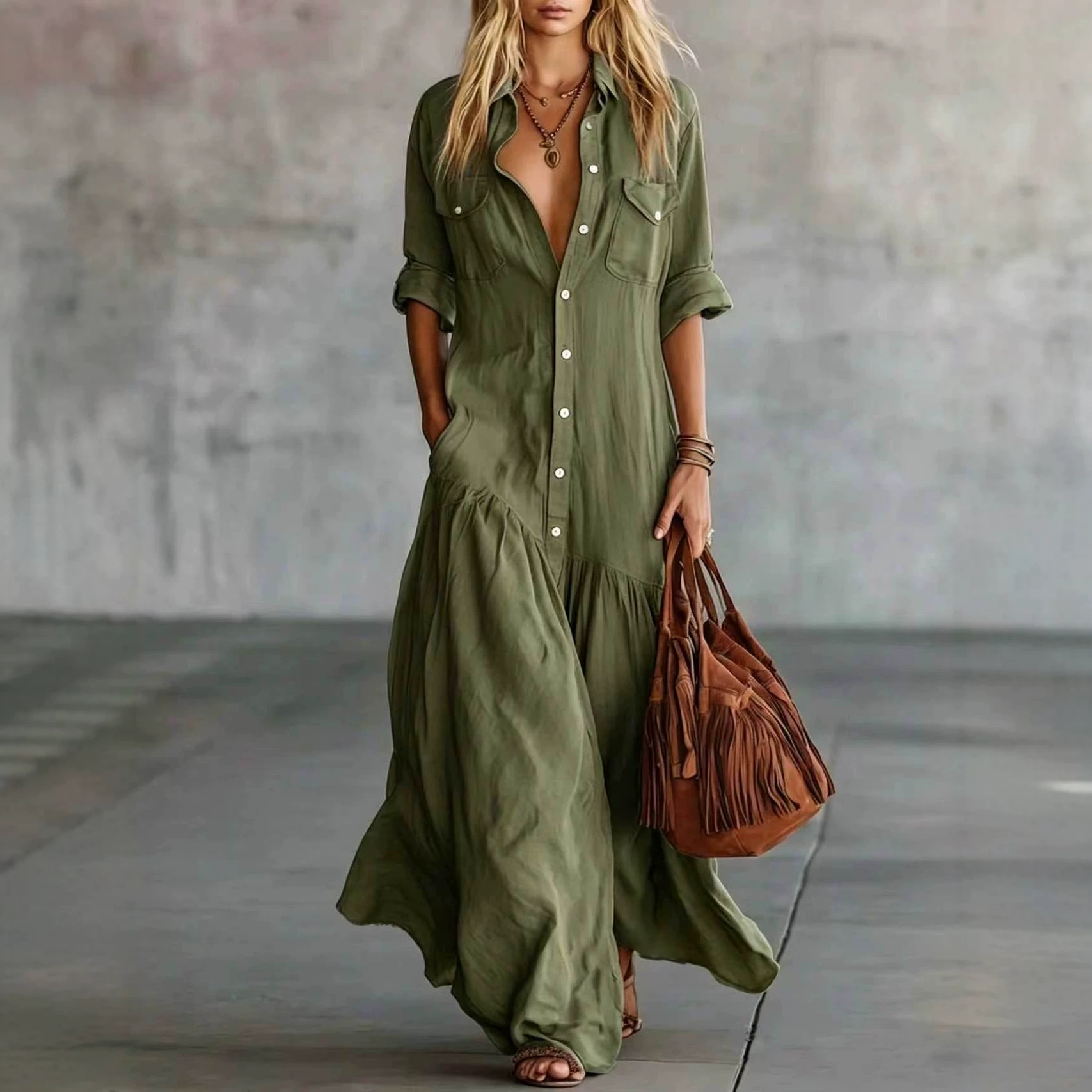 Long Sleeve V-Neck Button-Front Midi Dress with Patch Pockets