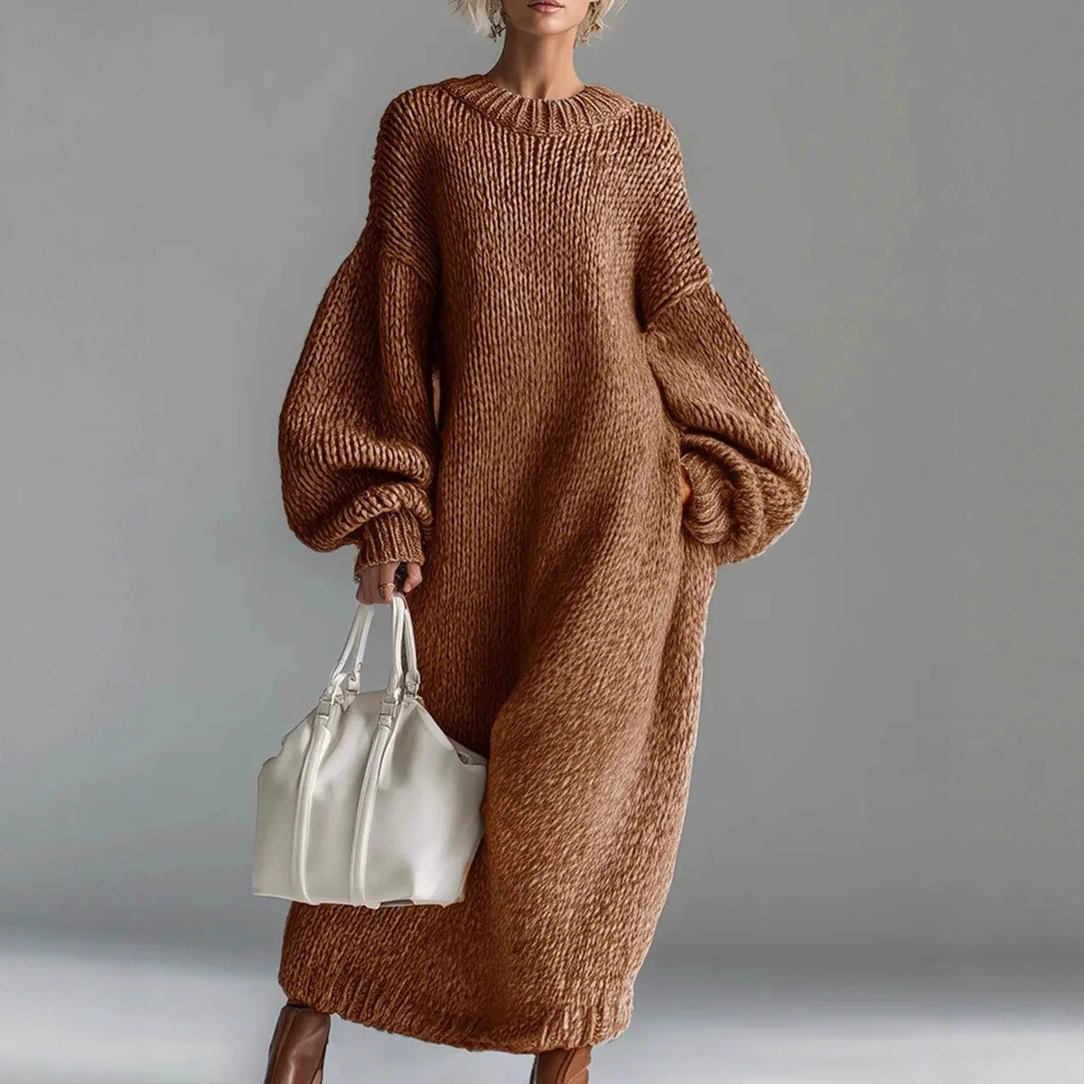 Women's Crewneck Lantern Sleeve Long Knit Sweater Dress
