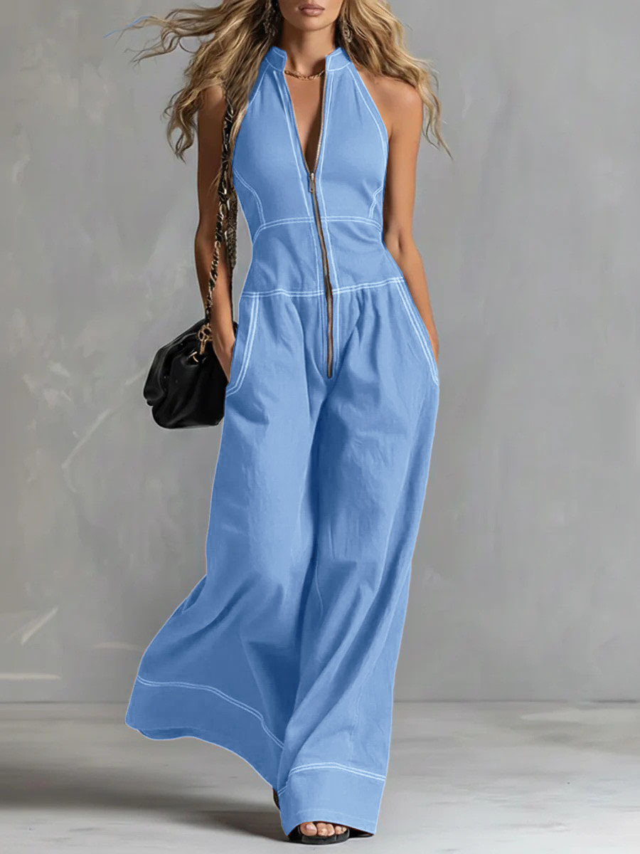 Women's Sleeveless Stand Collar Wide-Leg Jumpsuit