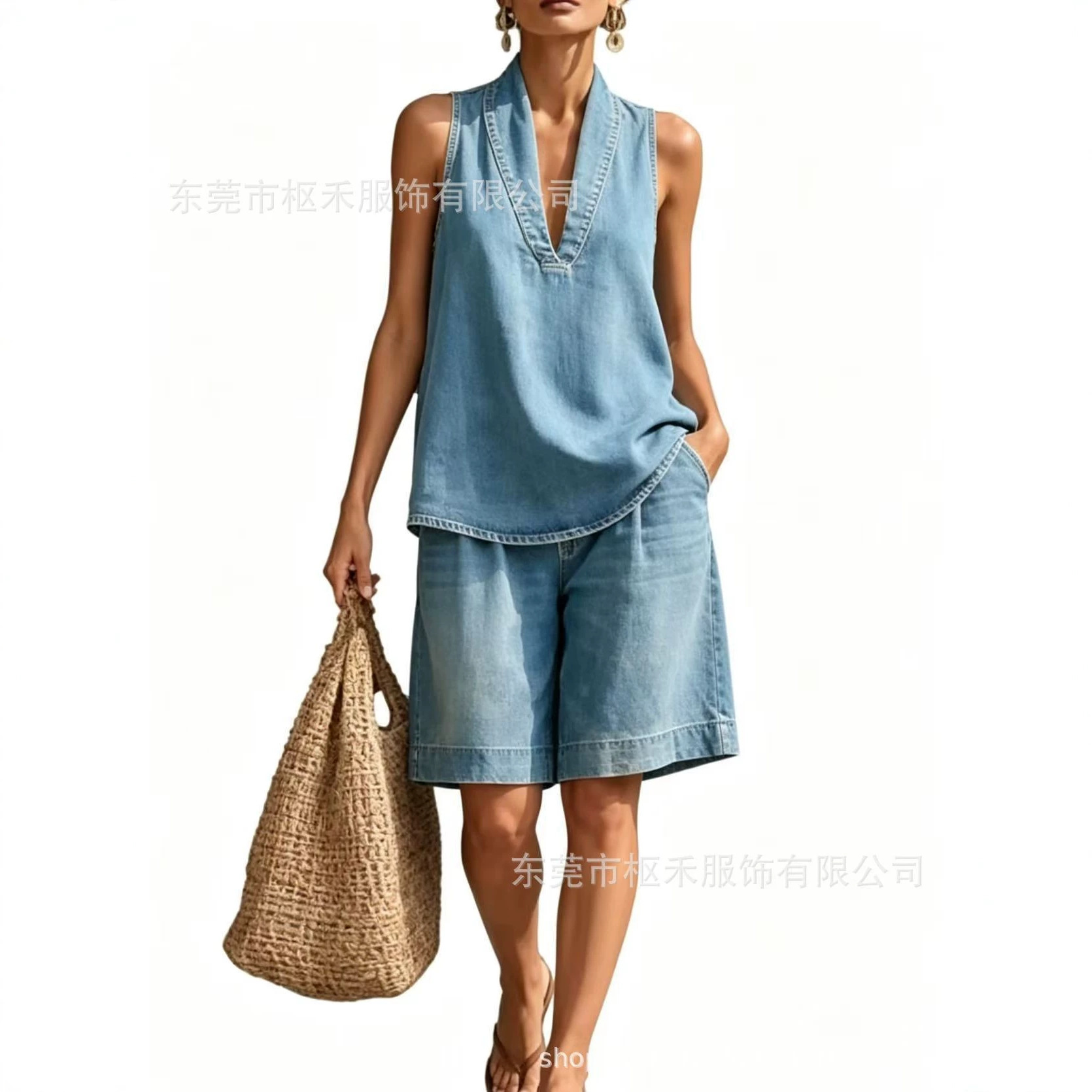 Retro Gradient Wash Print Sleeveless Halter Top Set