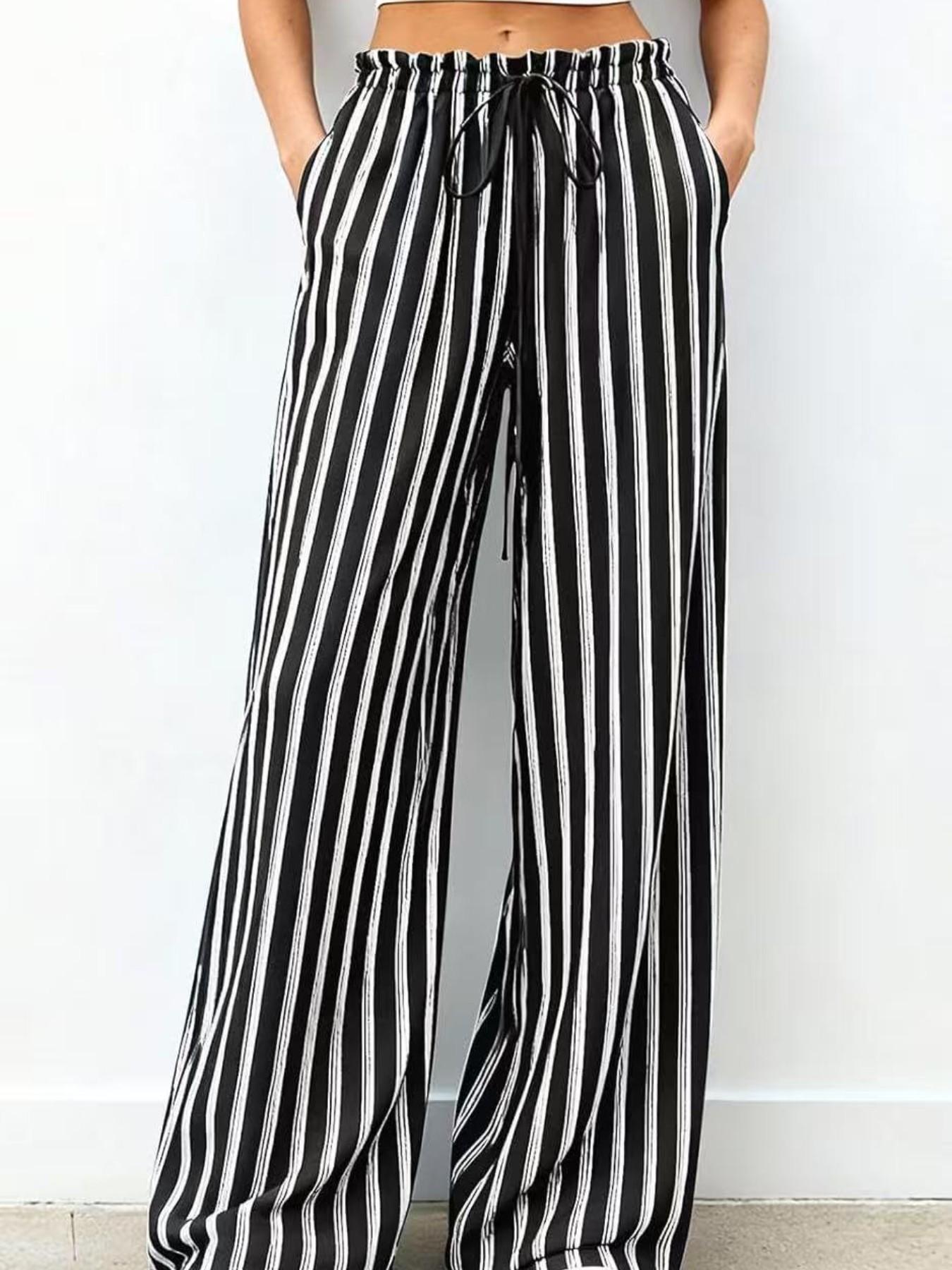 Striped Wide-Leg Pants with Elastic Waist
