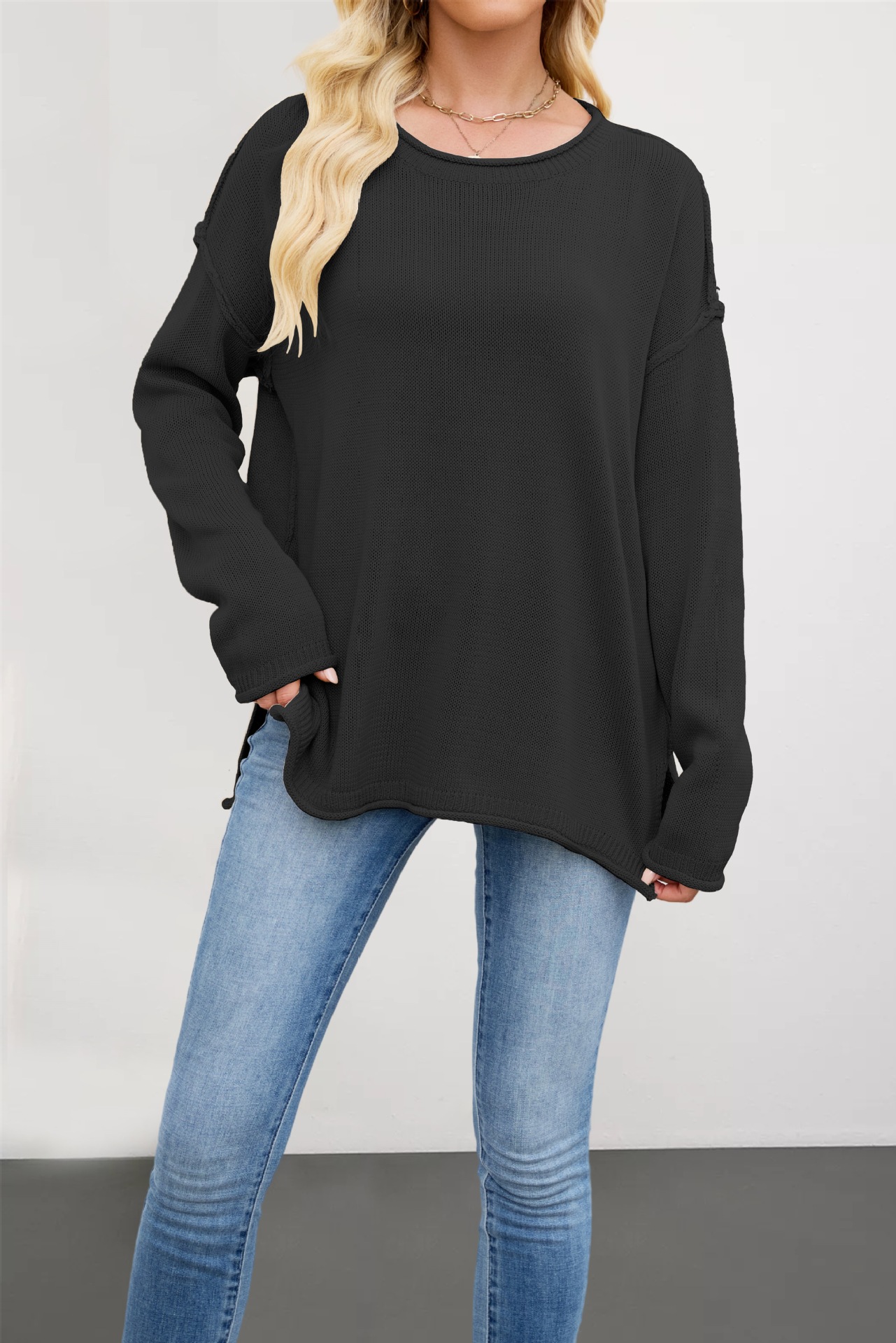 Women's Solid Crewneck Knit Pullover Sweater Loose Fit