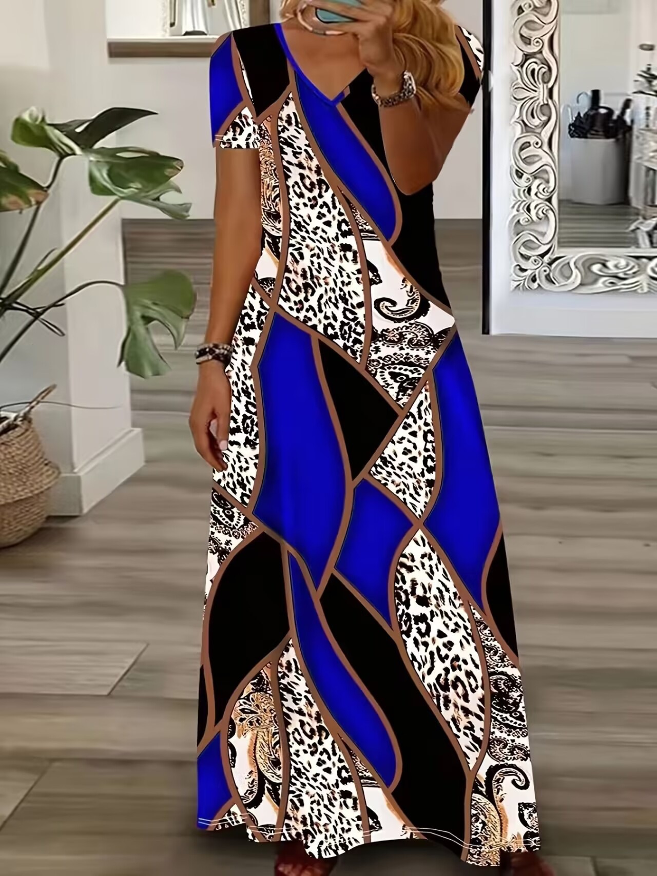 Leopard Zebra Print Patchwork V-Neck Short Sleeve Long Dress