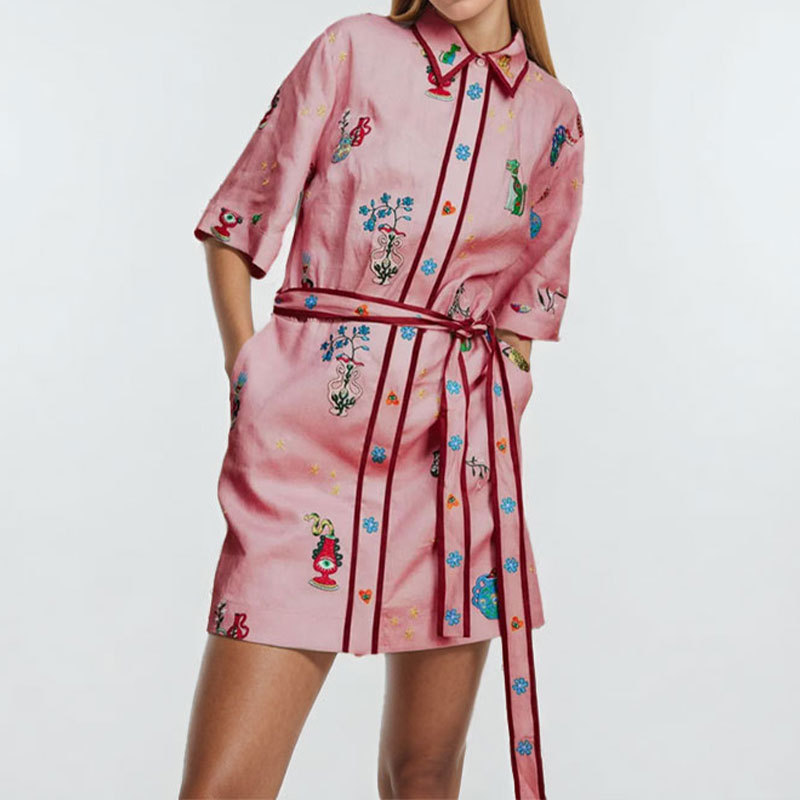Women's Printed Collared Tie-Front Short Dress