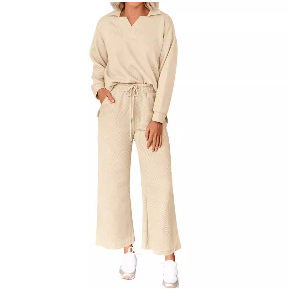 Solid Textured Long-Sleeve Hoodie and Pants Two-Piece Set