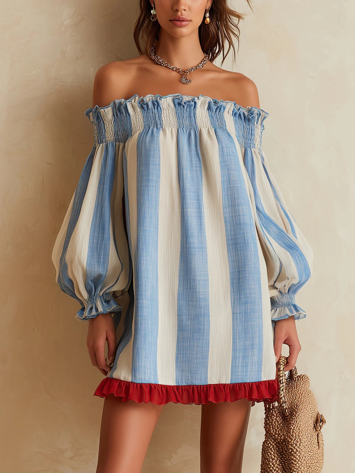 Blue & White Vertical Striped Off-Shoulder Puff-Sleeve Mini Dress with Contrast Ruffle Trim