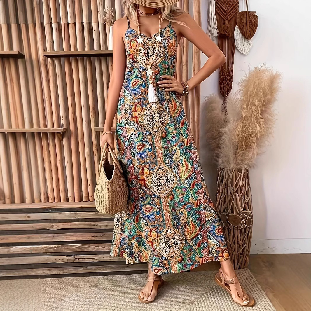 Women's Bohemian V-Neck Sleeveless A-Line Maxi Dress Floral Print