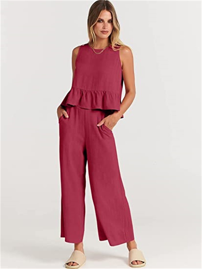 Women's Sleeveless Pleated Tank Top and Wide-Leg Cropped Pants Casual Set