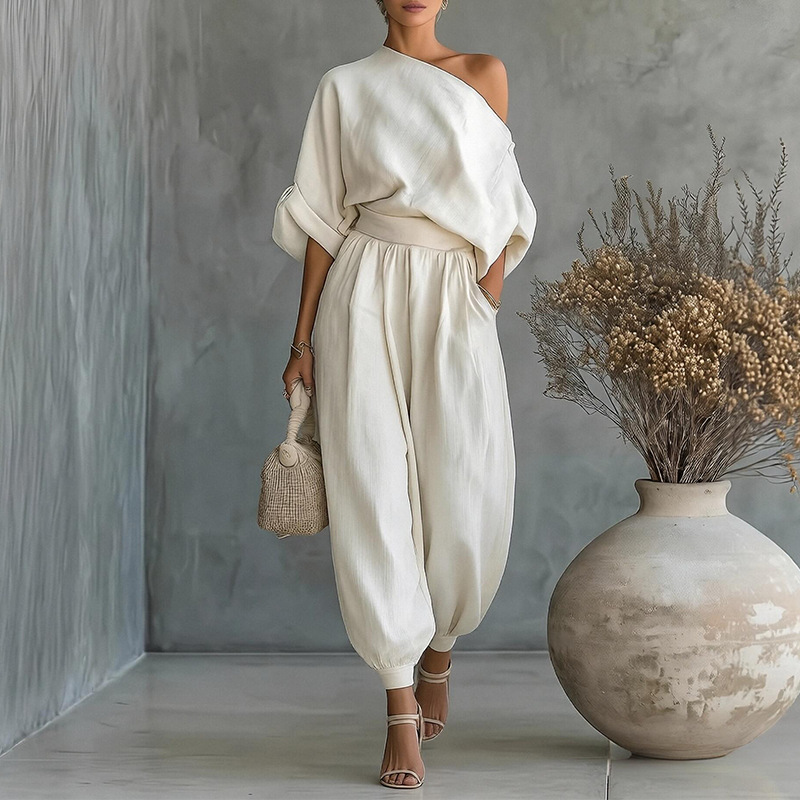 Women's One-Shoulder Loose Top and Lantern Pants Two-Piece Set