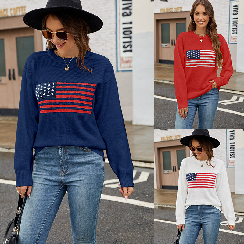 American Flag Crewneck Knit Sweater for Women