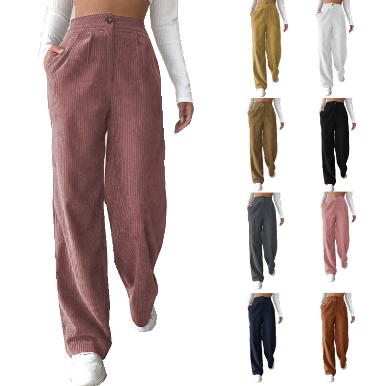 Women's High-Waist Corduroy Straight-Leg Pants Solid Color Casual Trousers