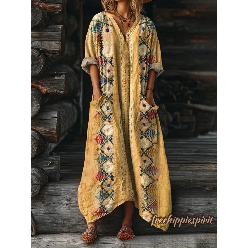 Women's Floral Ripple Print V-Neck A-Line Midi Dress Long Sleeve