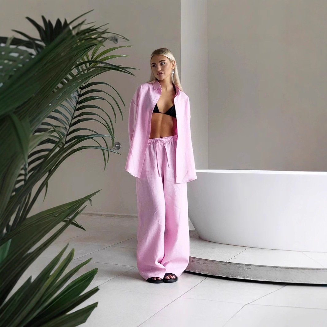 Women's Loose Long Sleeve Shirt and Pants Set Solid Color Casual