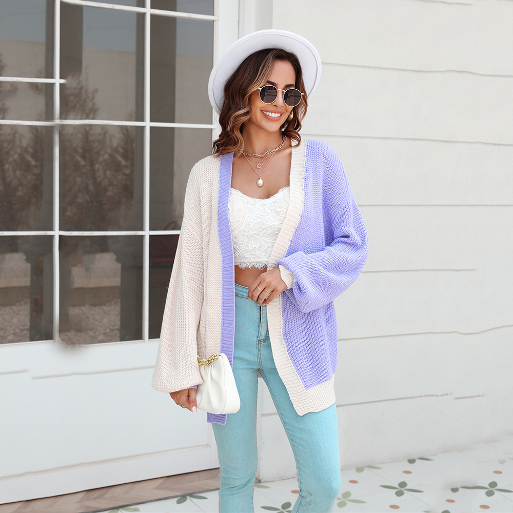 Colorblock Knit Cardigan Loose Fit Long Sleeve Women's