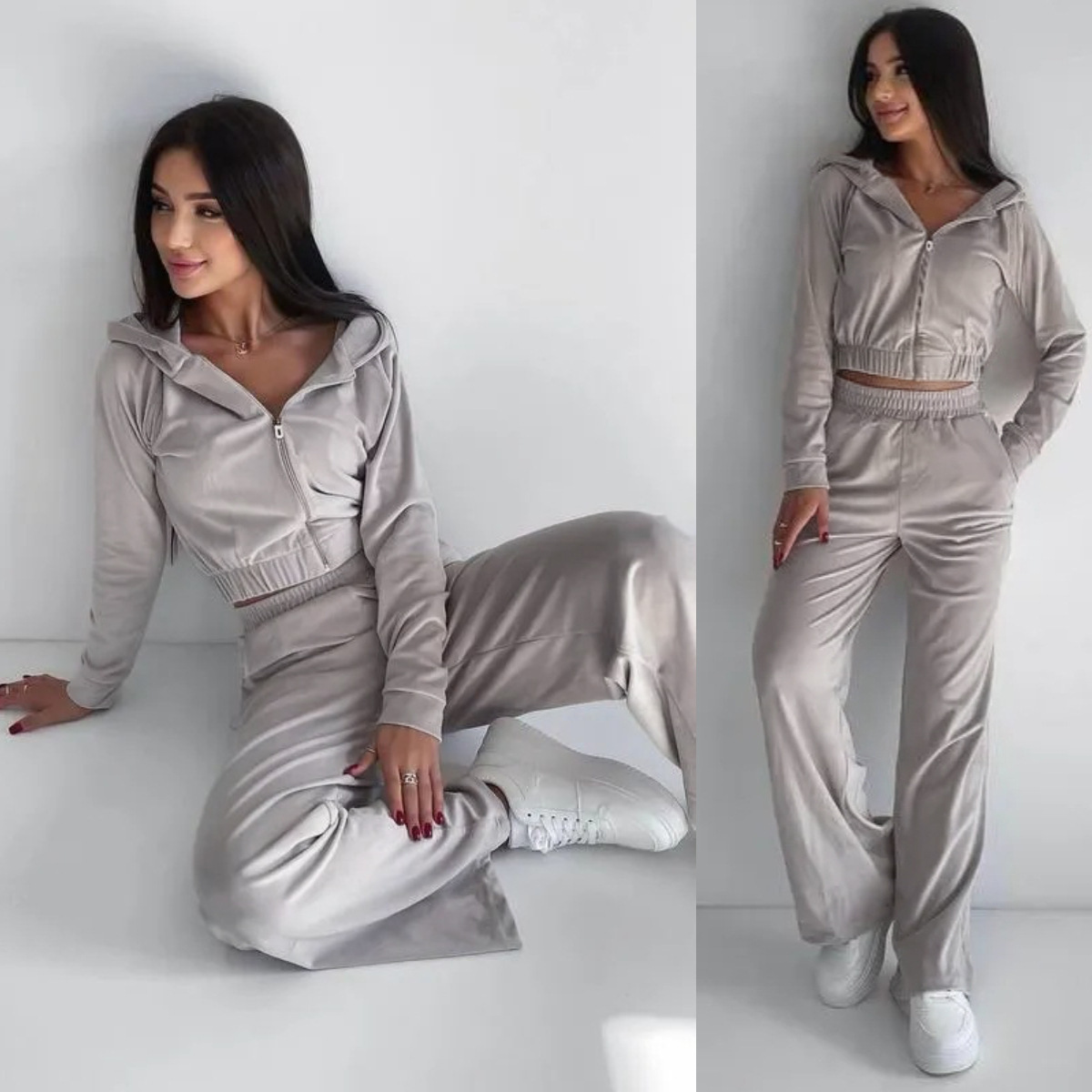 Women's Hooded Zip-Up Sweatsuit 2-Piece Set
