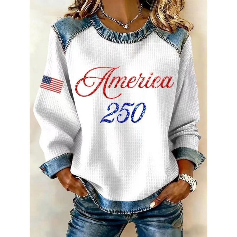 3D Print Colorblock Denim Collar Pullover Sweatshirt Women's Long Sleeve Loose Fit