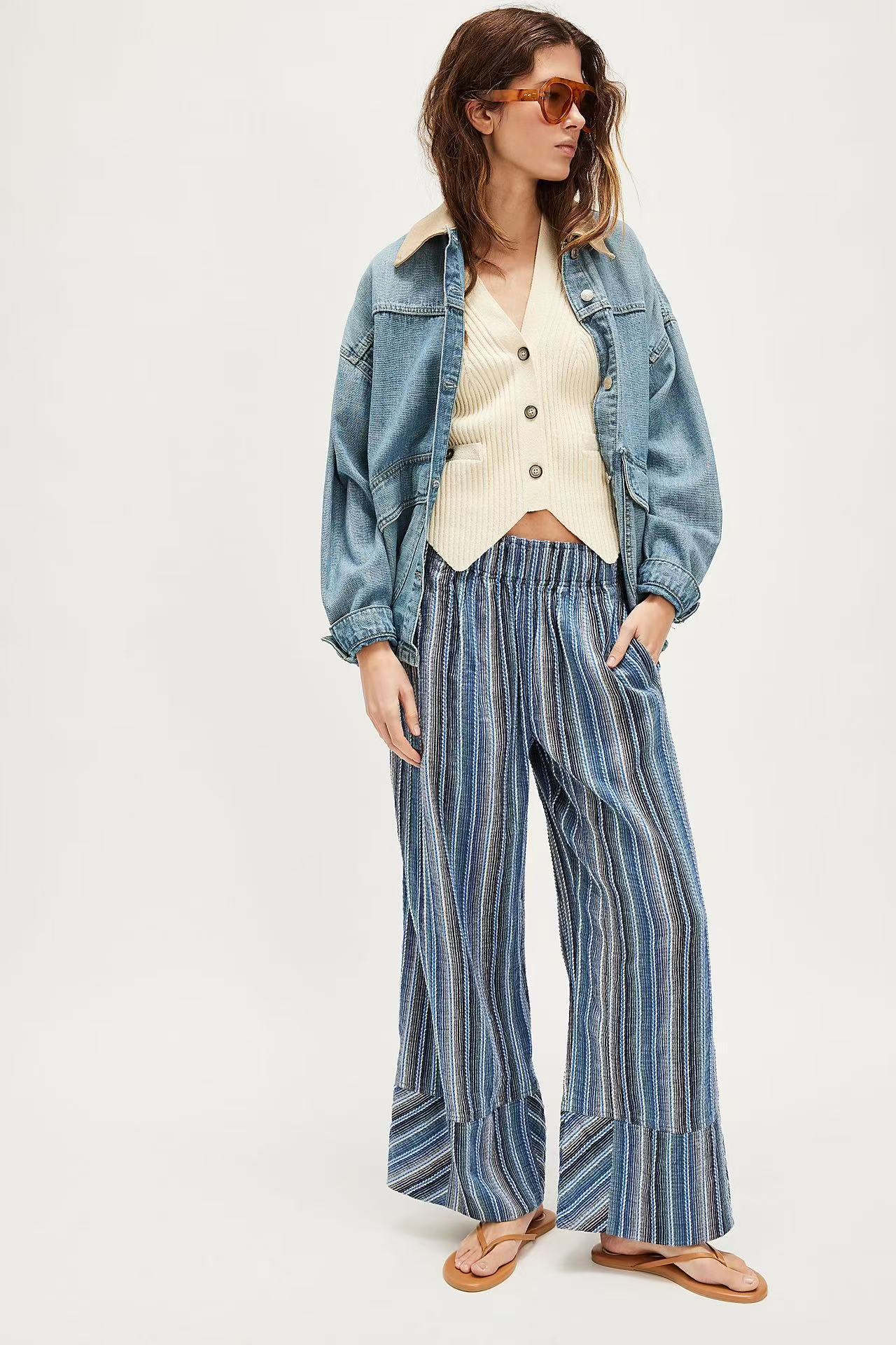 Striped Wide-Leg High-Waist Straight Pants for Women