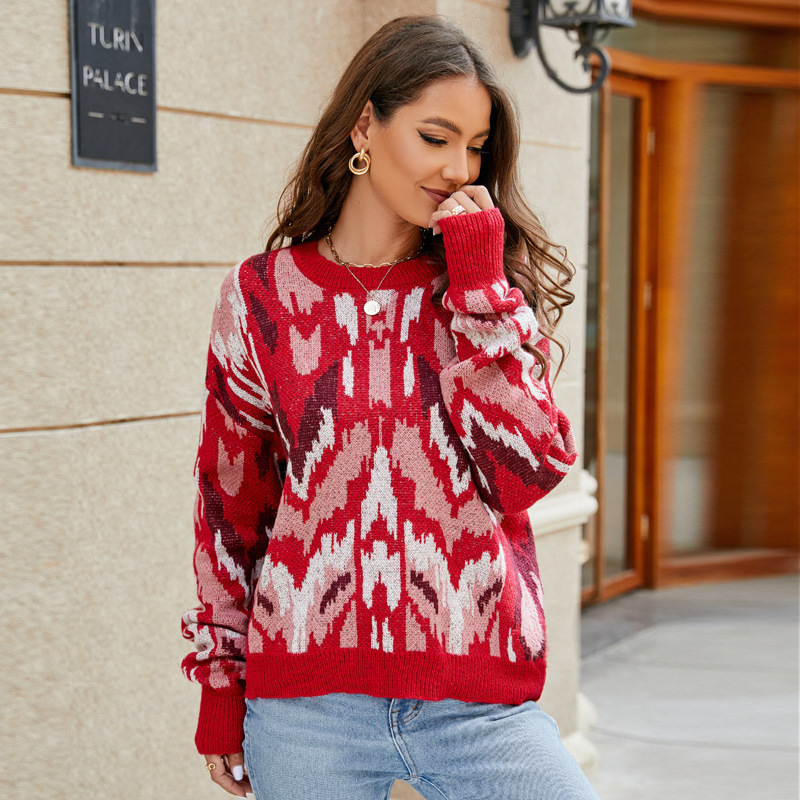 Retro Color-Block Jacquard Pullover Sweater Women Loose Long Sleeve Knit Top