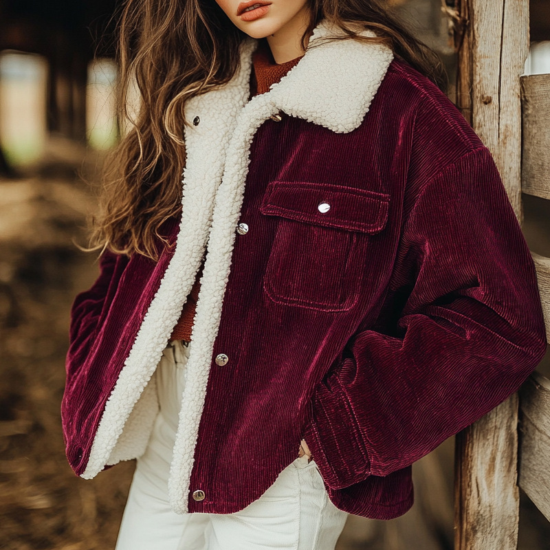 Women's Corduroy Fleece-Lined Button-Front Coat with Lapel Collar