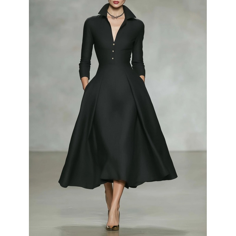 V-Neck Waist-Cinching Long-Sleeve Midi Dress