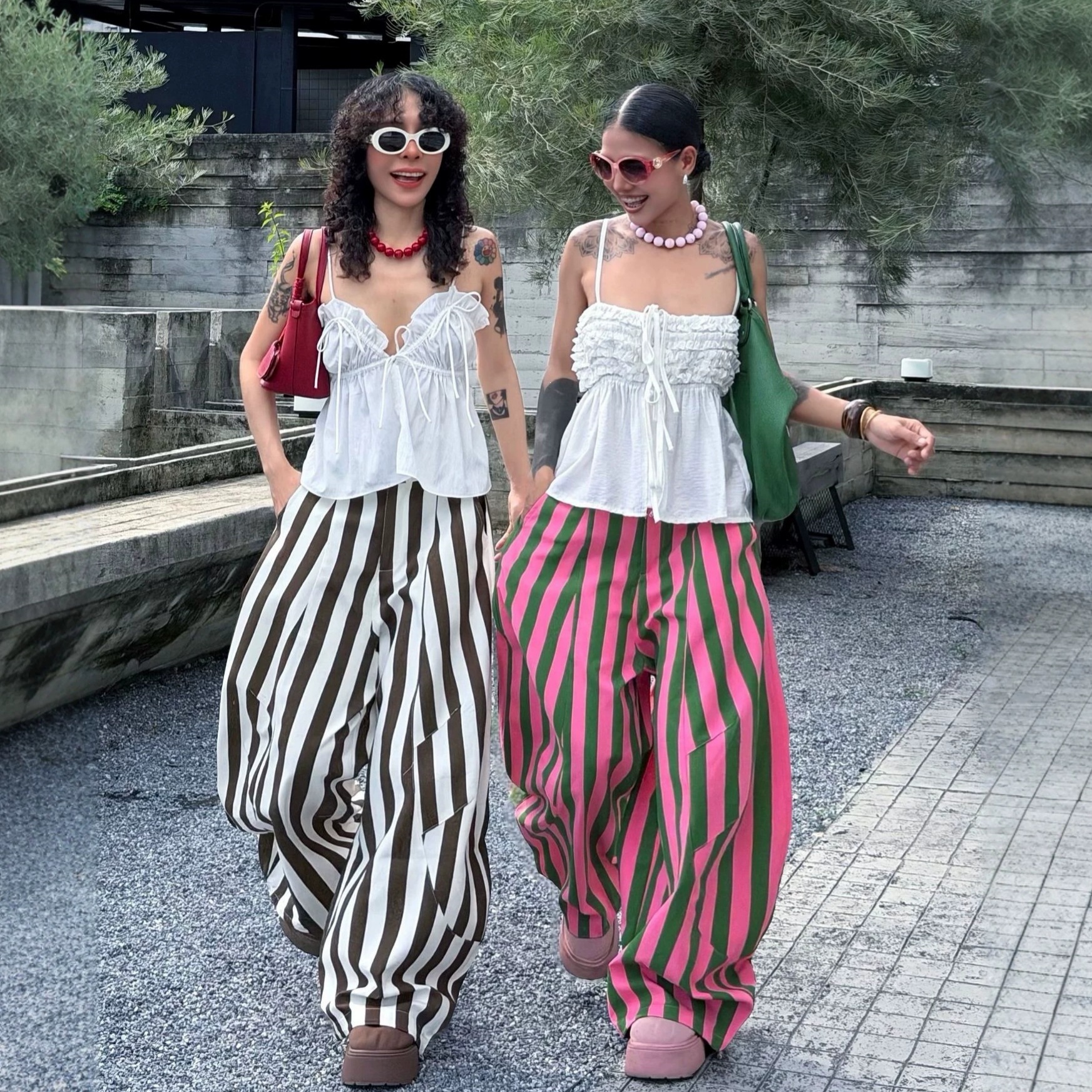 Striped Wide-Leg Pants with Elastic Waist
