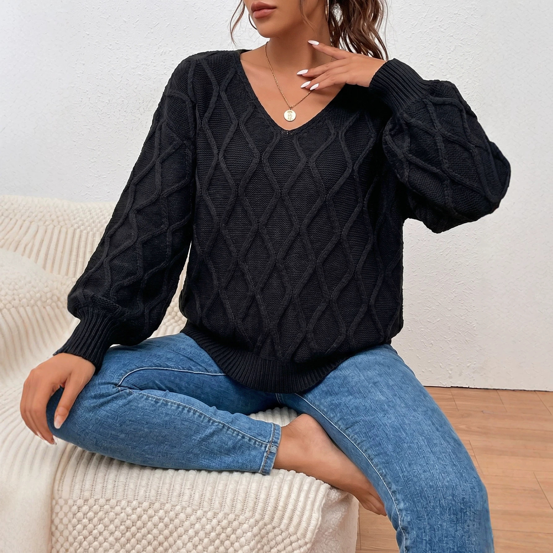 V-Neck Loose-Fit Knit Sweater for Women