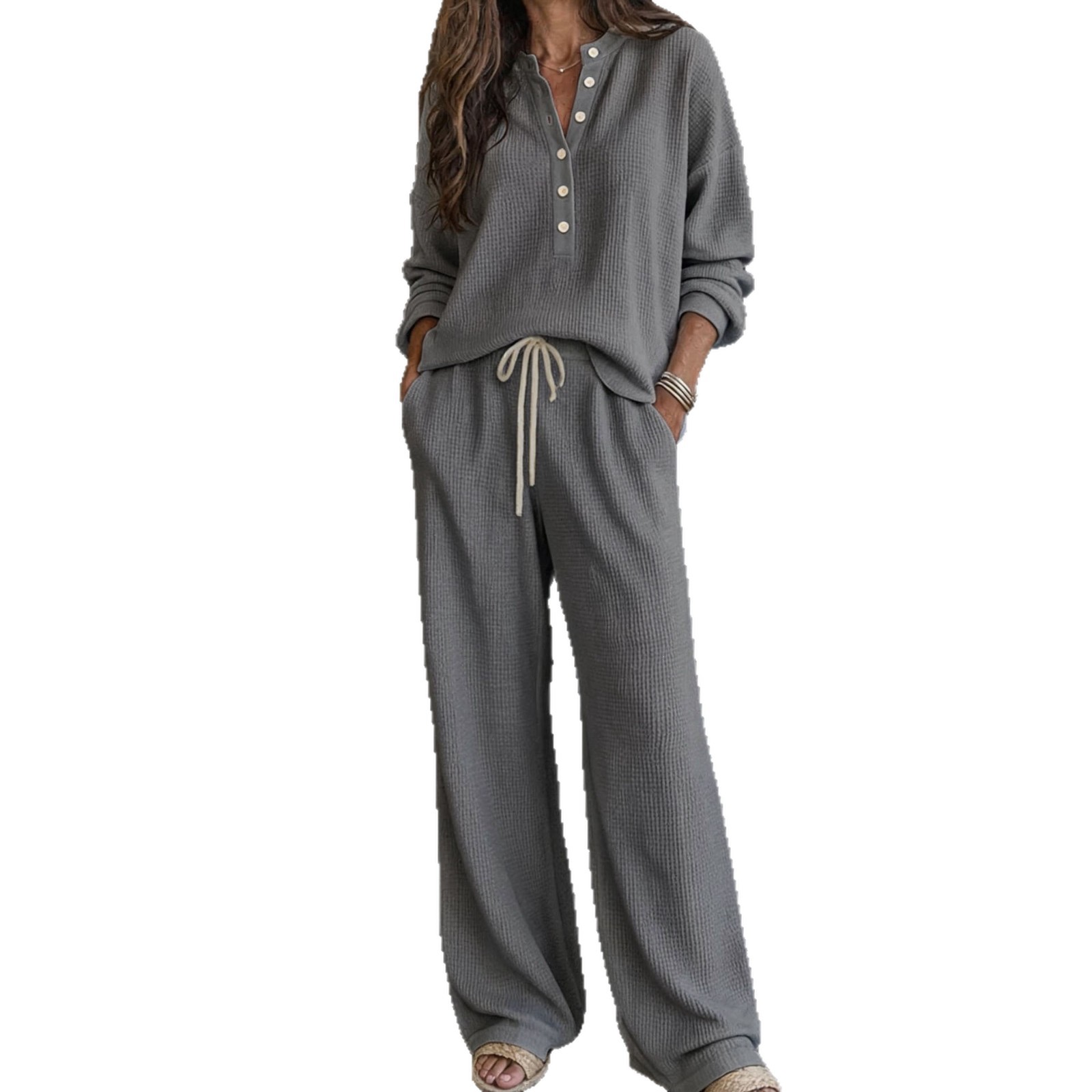 Women's Waffle Knit Long Sleeve Shirt and Pants Set Solid Color Loungewear