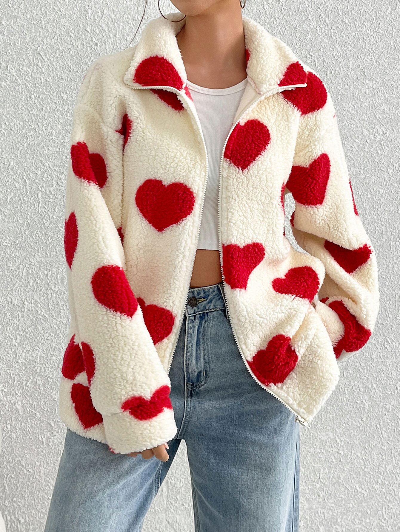 Fuzzy Heart Print Loose Long Sleeve Zip Cardigan Jacket