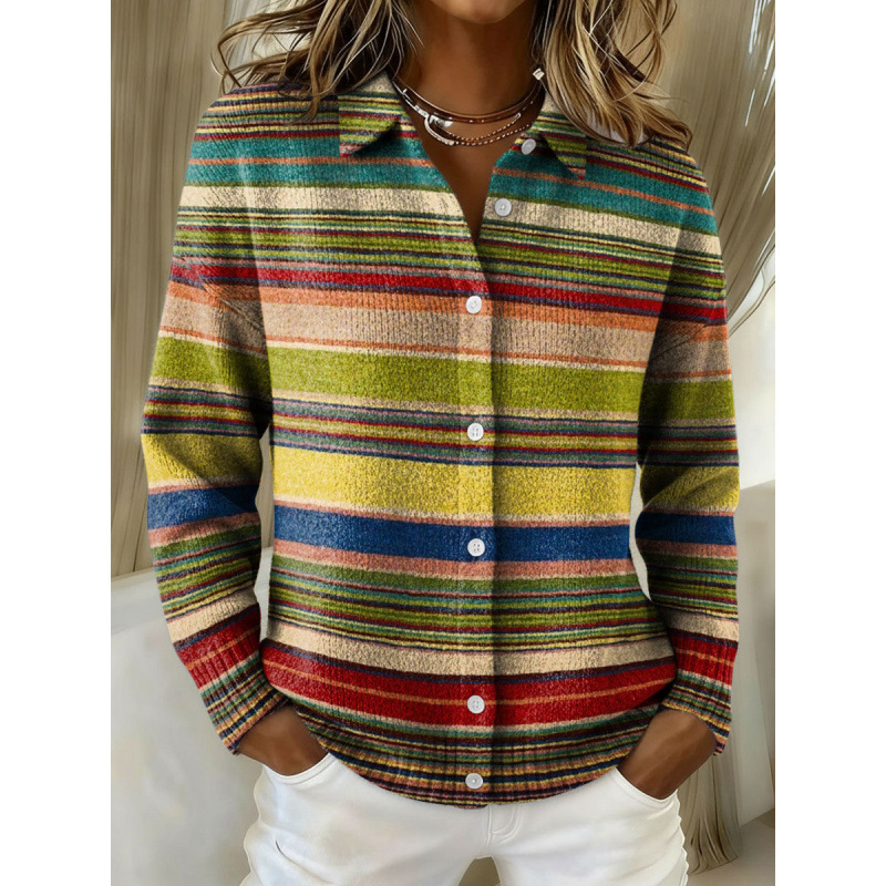 Women's Collared Button-Front Cardigan Sweater, Solid 3D Print Knit, Loose Fit