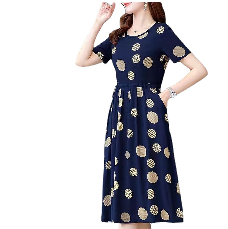 Women's Summer Midi Dress Short Sleeve Round Neck A-Line Slimming Casual