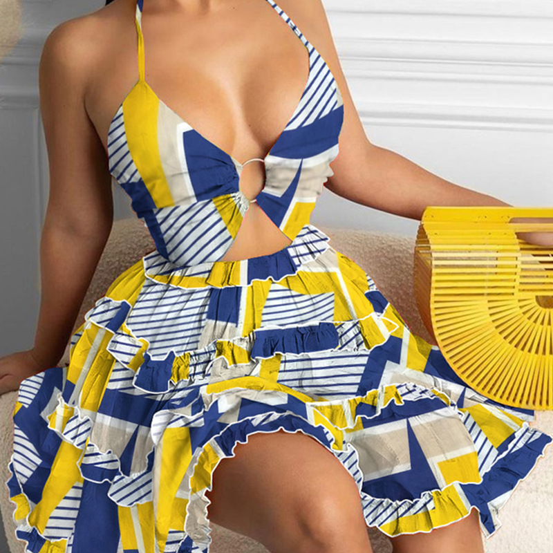 Women's Halter Neck Printed Cutout Ruffle Hem Dress