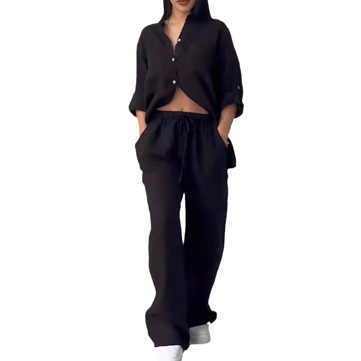 Women's Solid Color Single-Breasted Long-Sleeve Shirt and Wide-Leg Tie Pants Two-Piece Set