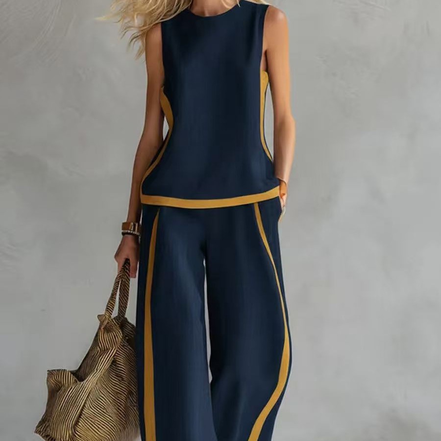 Sleeveless Color-Block Wide-Leg Pants Set Women's Summer Casual Two-Piece