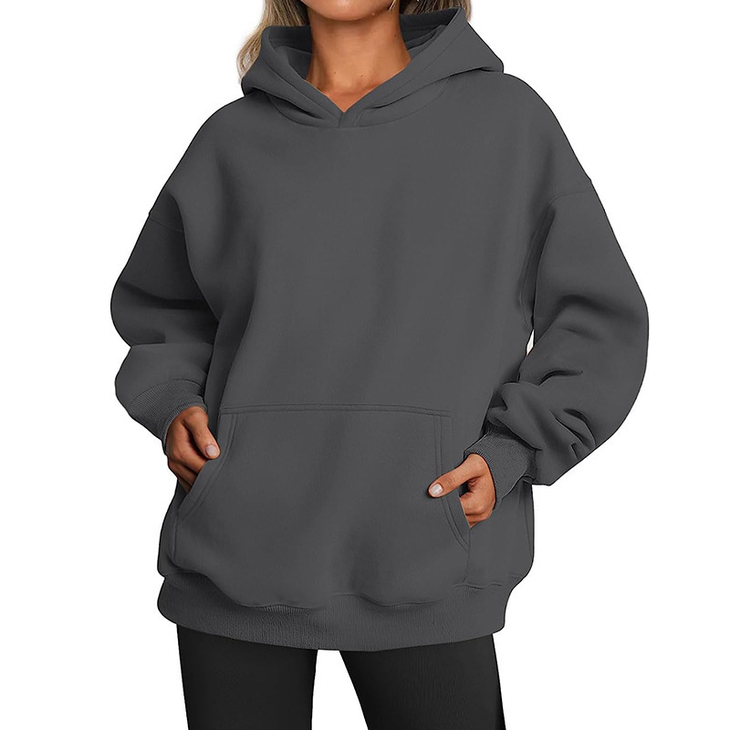Women's Fleece-Lined Hooded Sweatshirt, Cotton Blend, Loose Fit, Solid Color