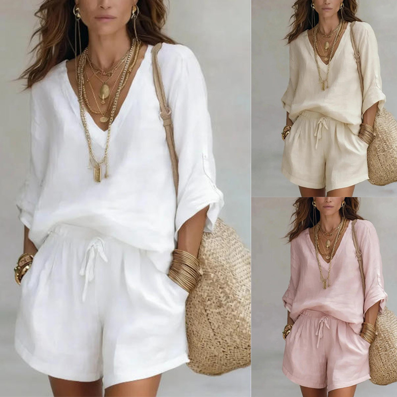 Women's Tie-Front Shorts and Long-Sleeve Top Set Casual Minimalist
