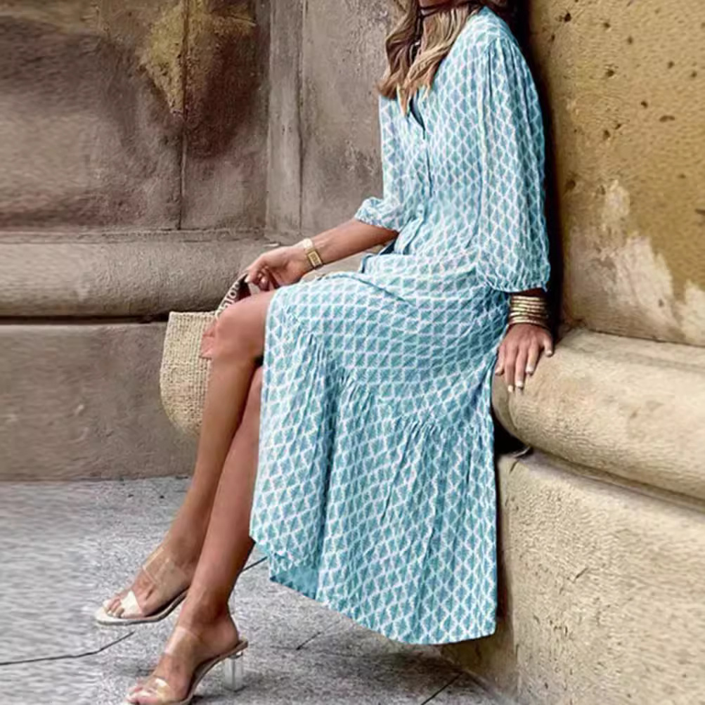 Floral Print V-Neck Lantern Sleeve Slit Dress