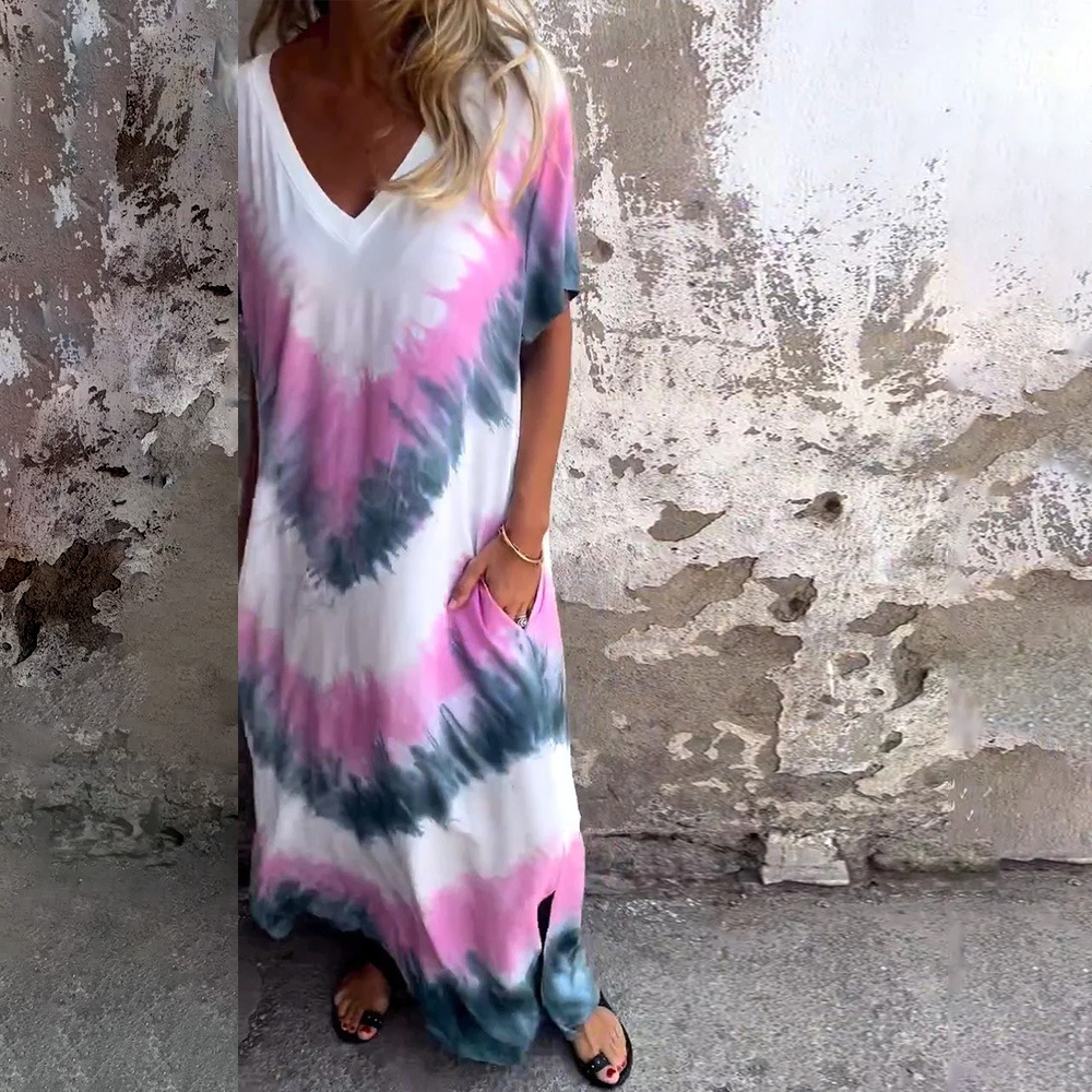 Women's Casual Loose Short Sleeve V-Neck Slit Tie-Dye Maxi Dress