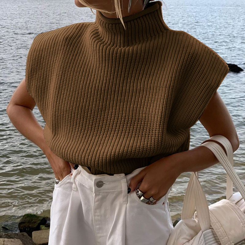 Women's High Neck Short Sleeve Knit Top Solid Color