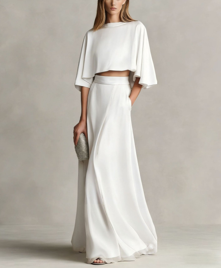 Women's Satin Cape-Sleeve Long Dress Set Elegant Luxury Style