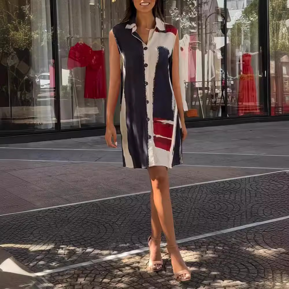 Printed Sleeveless Button-Front Midi Dress